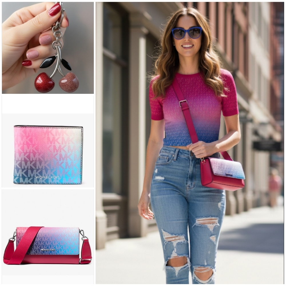 3pc Michael Kors Jet Set Large Ombré Signature Logo Crossbody & Wallet Bundle